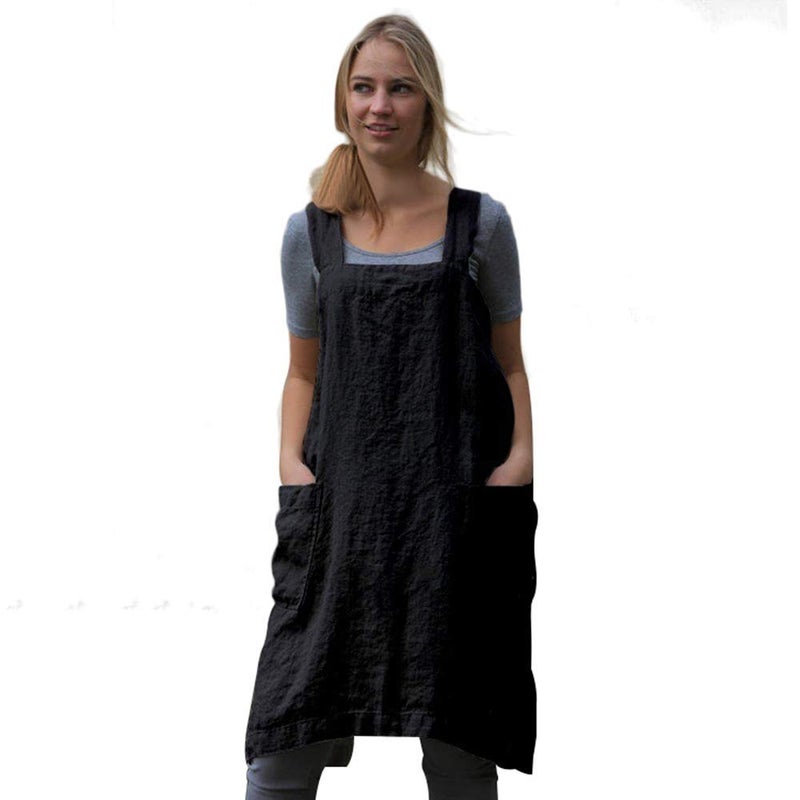 Larmliss Womenâ€™s Pinafore Square Apron Baking Cooking Gardening Works Cross Back Cotton/Linen Blend Dress with 2 Pockets - Image 1
